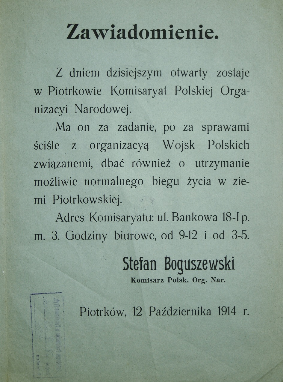 Zawiadomienie o otwarciu w Piotrkowie Komisariatu Polskiej Organizacji Narodowej, Piotrków 12.10.1914 r.